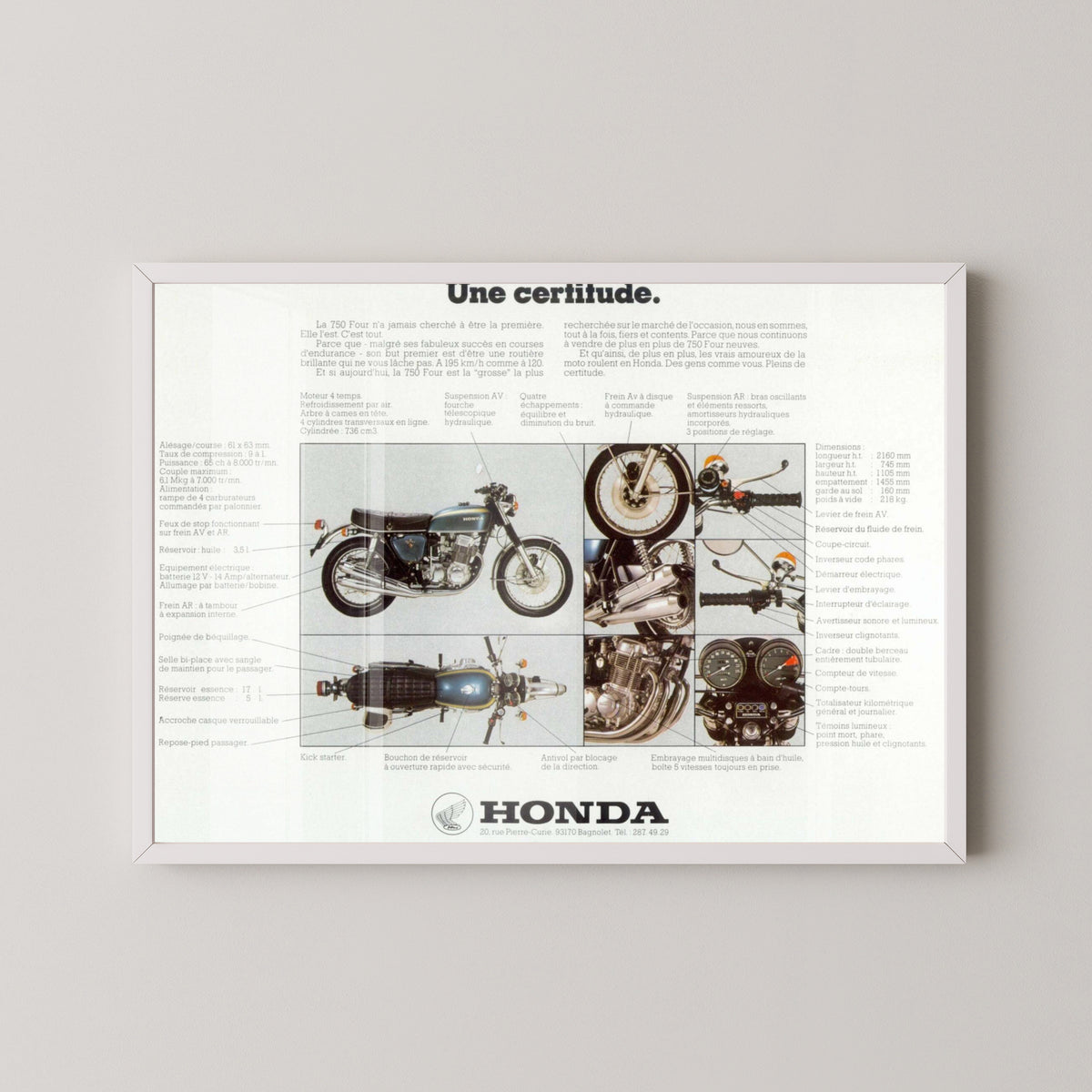 Honda CB750 Four Technical Poster – Motorcycle Art – white frame mockup