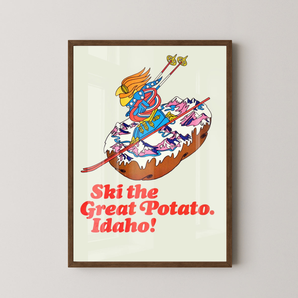 Ski the Great Potato Idaho Poster – Vintage Ski Art – dark wood frame mockup