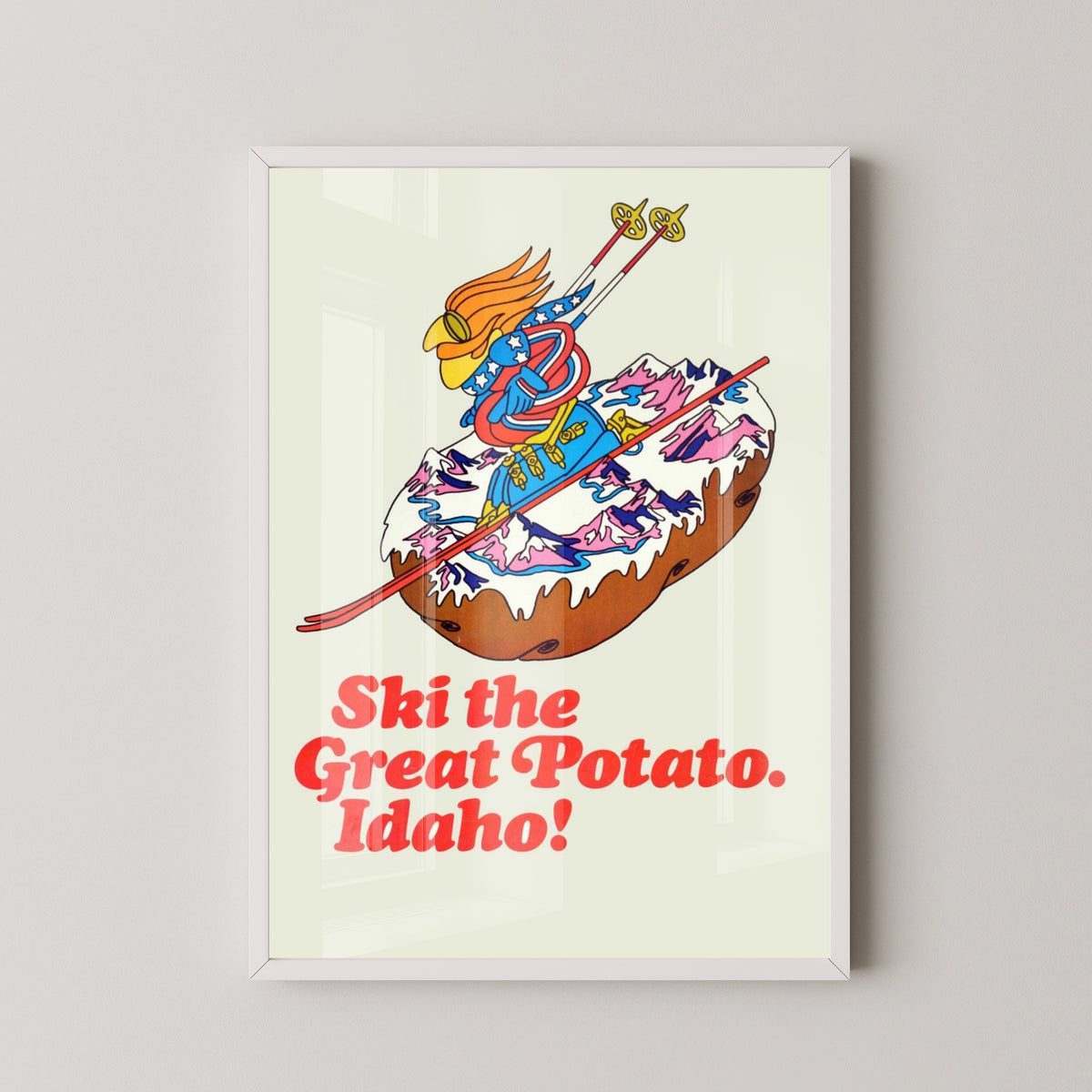 Ski the Great Potato Idaho Poster – Vintage Ski Art – white frame mockup