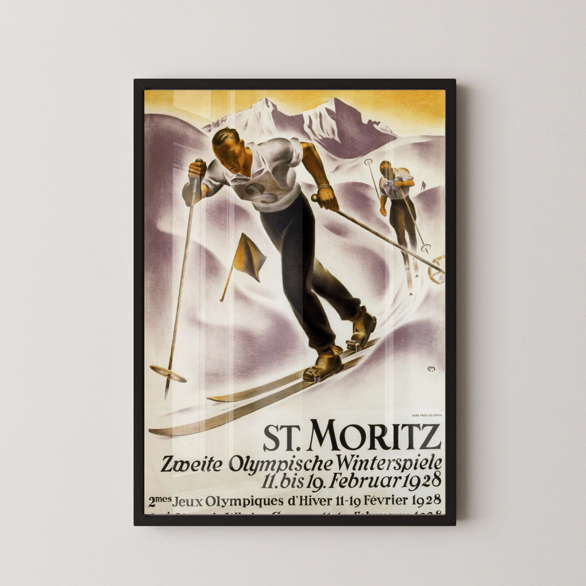 St. Moritz 1928 Winter Olympics Skiing Poster – black frame mockup