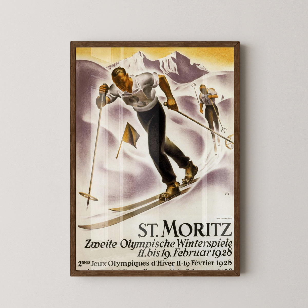 St. Moritz 1928 Winter Olympics Skiing Poster – dark wood frame mockup