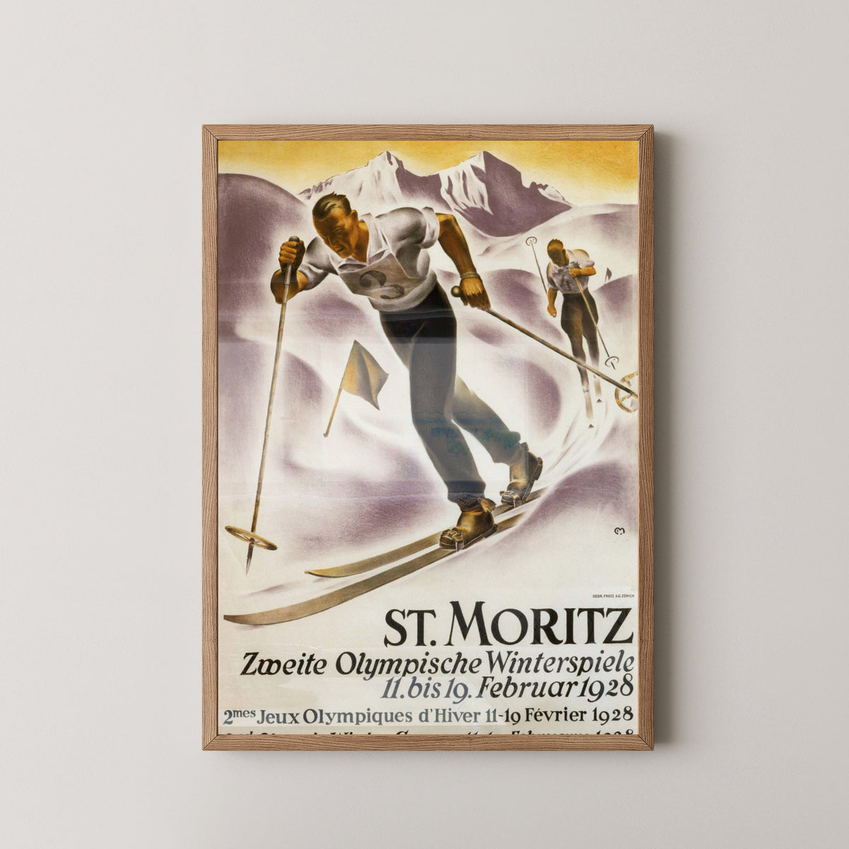 St. Moritz 1928 Winter Olympics Skiing Poster – light wood frame mockup