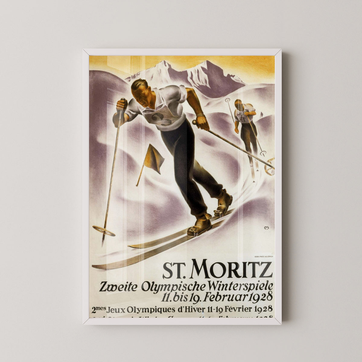 St. Moritz 1928 Winter Olympics Skiing Poster – white frame mockup