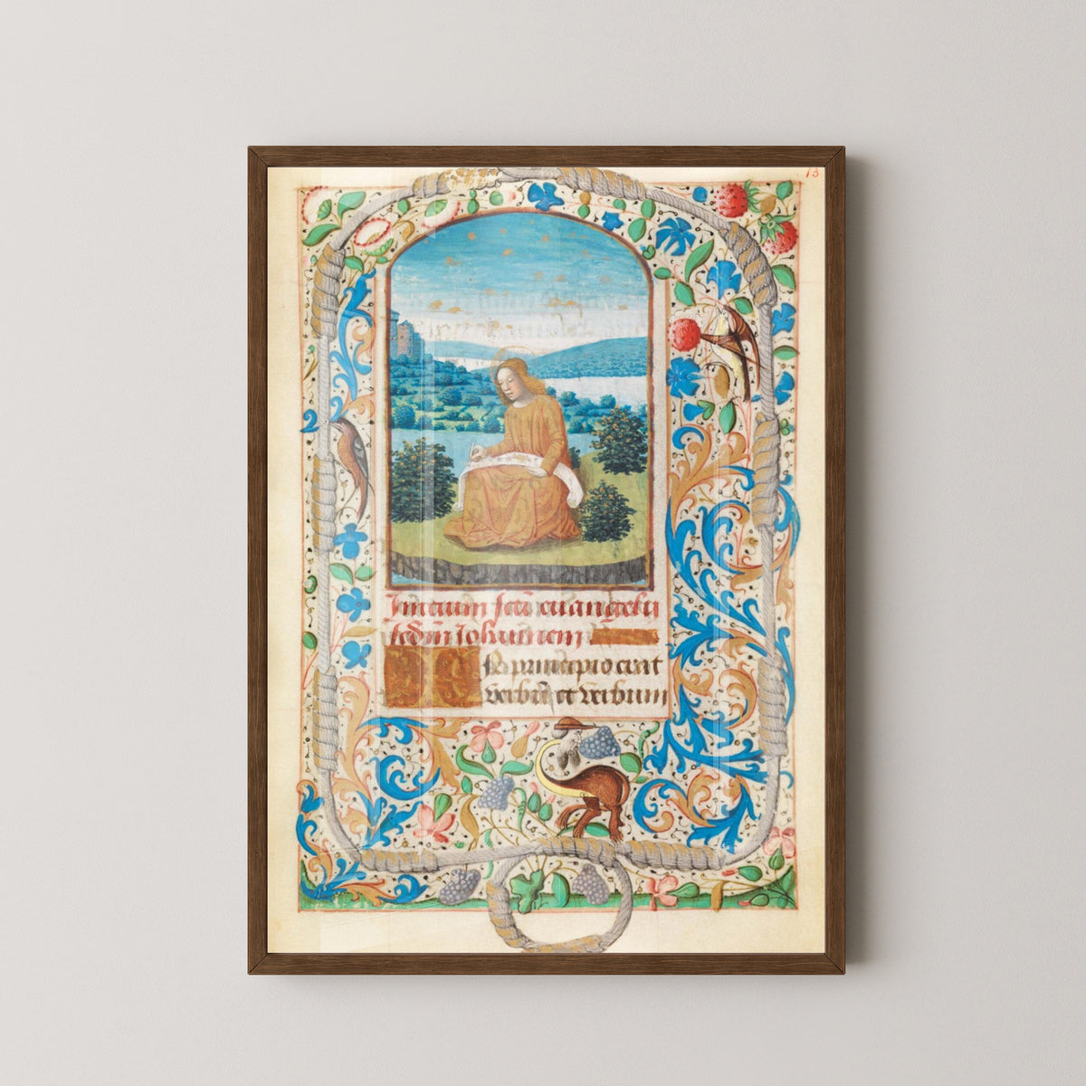 Medieval French Christian Codex Poster – Manuscript Art – dark wood frame mockup