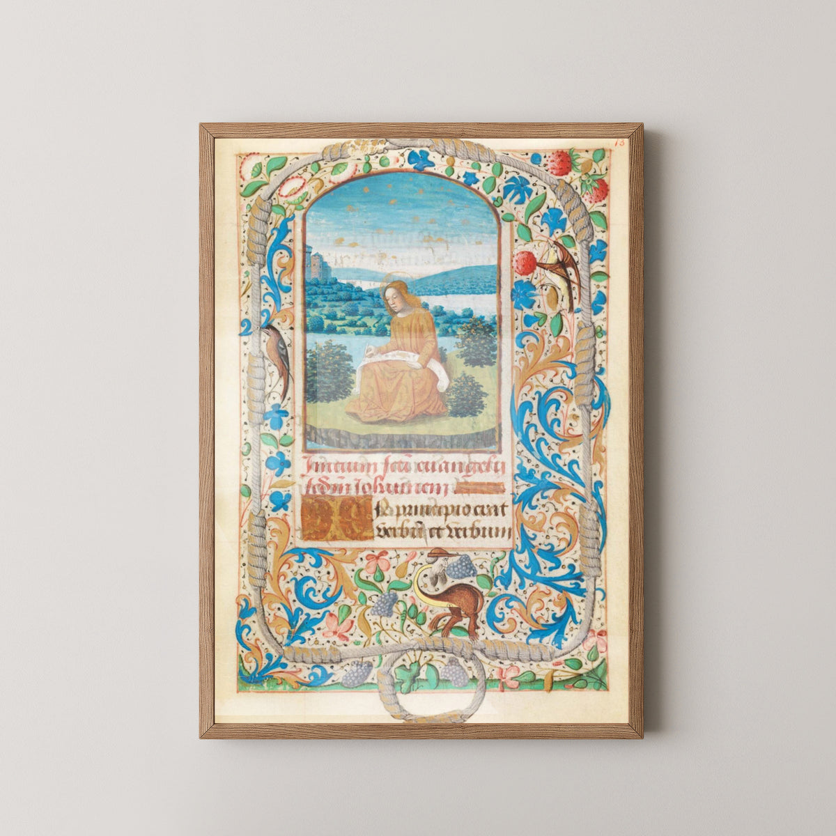 Medieval French Christian Codex Poster – Manuscript Art – light wood frame mockup
