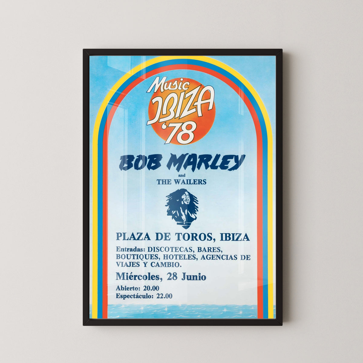 Bob Marley Ibiza Concert Poster – Vintage Reggae Art – black frame mockup