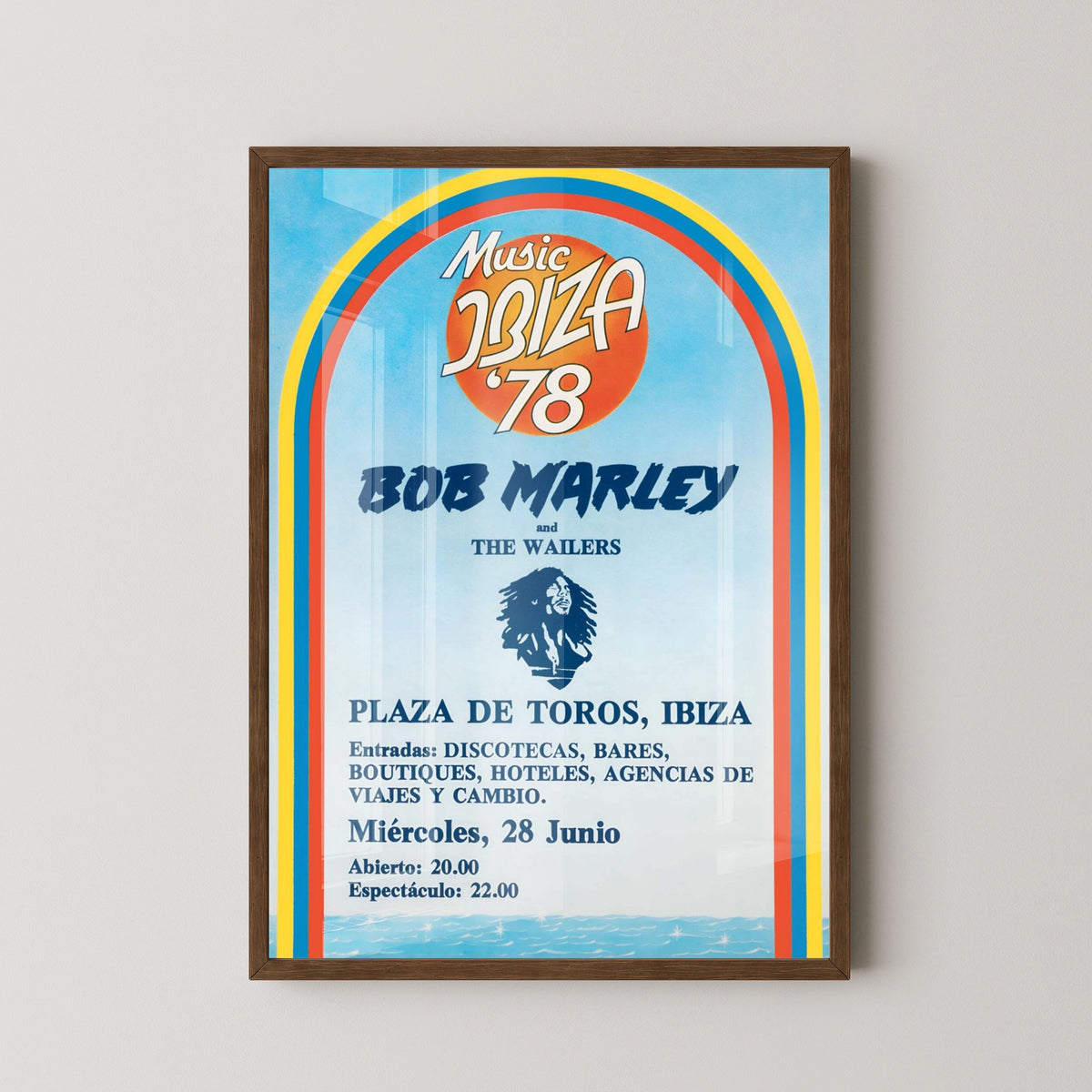 Bob Marley Ibiza Concert Poster – Vintage Reggae Art – dark wood frame mockup