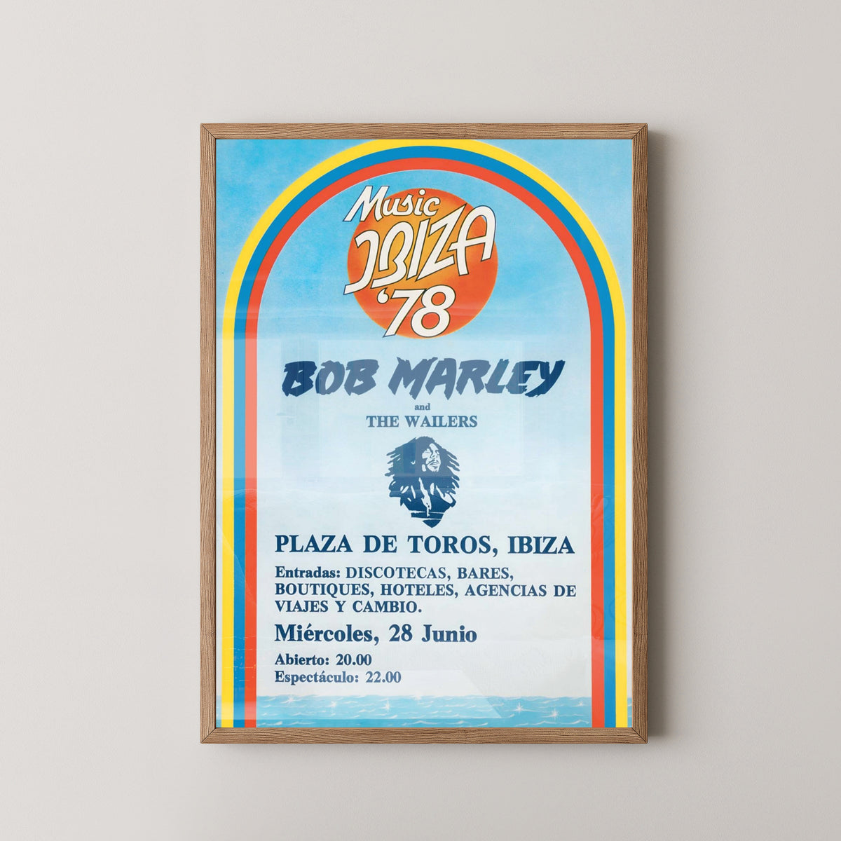 Bob Marley Ibiza Concert Poster – Vintage Reggae Art – light wood frame mockup