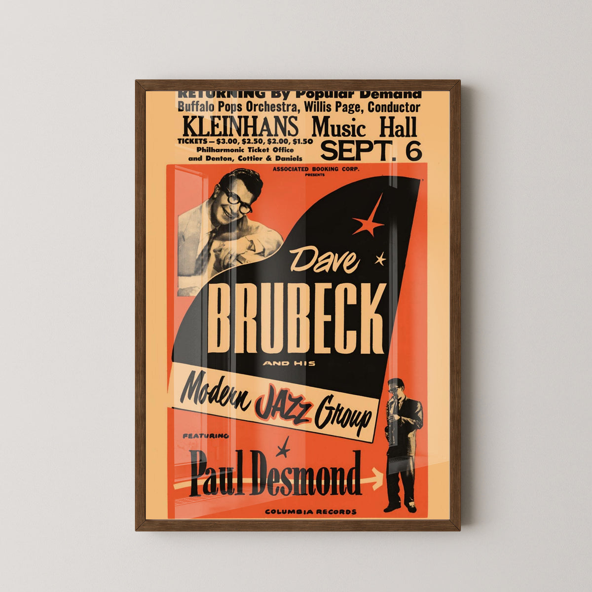 Dave Brubeck Vintage Poster – Cool Jazz Music Art – dark wood frame mockup