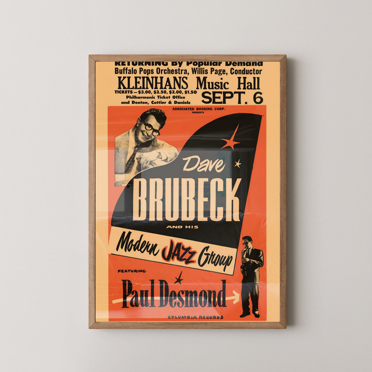 Dave Brubeck Vintage Poster – Cool Jazz Music Art – light wood frame mockup