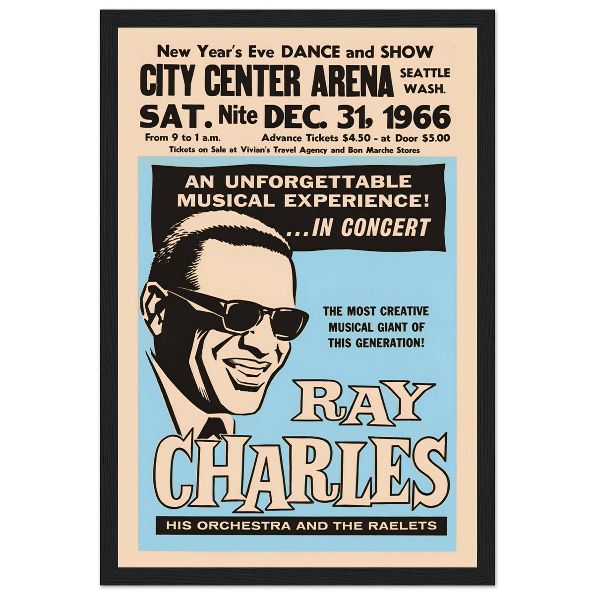 Ray Charles 1966 Concert Poster – Soul and Jazz Art – black frame mockup