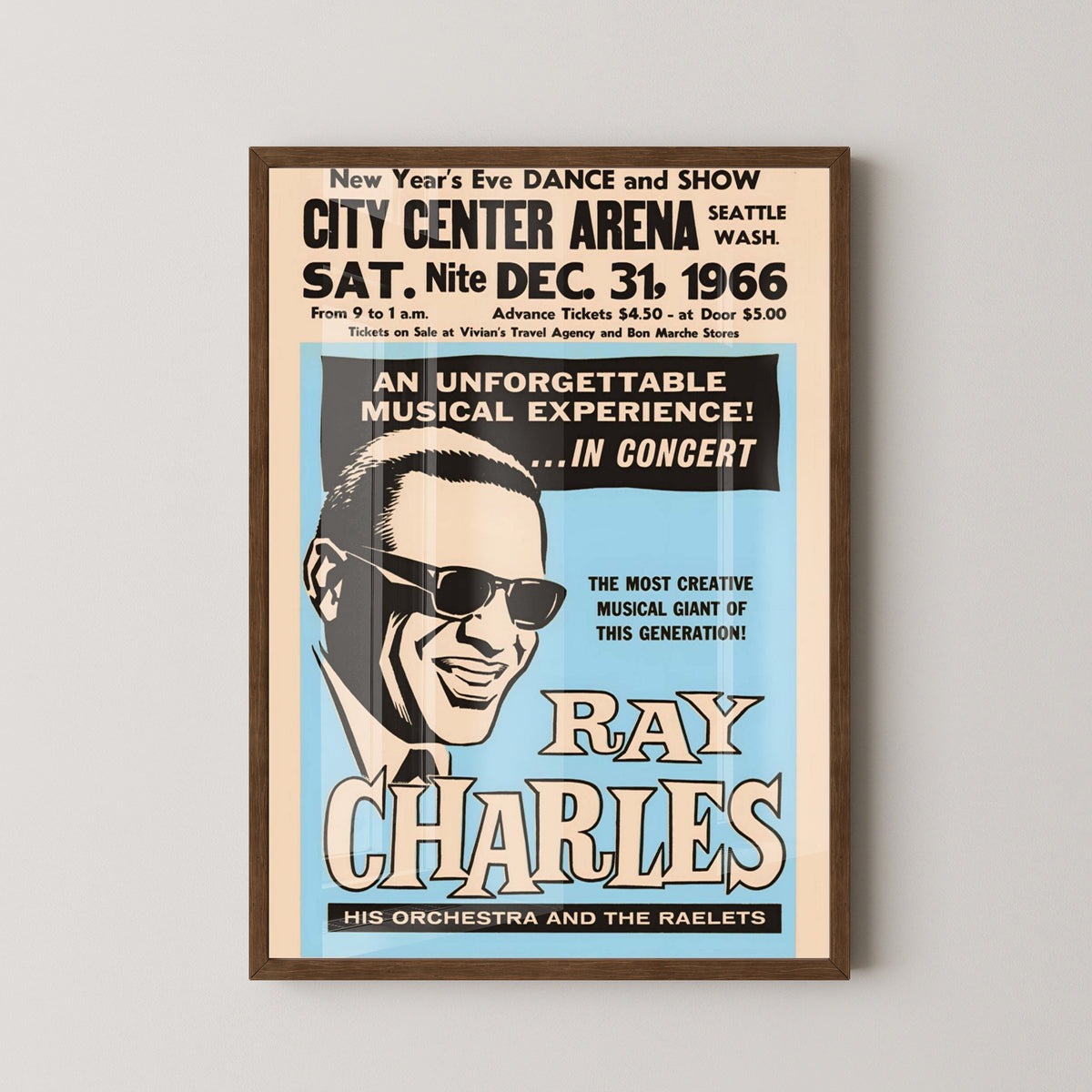 Ray Charles 1966 Concert Poster – Soul and Jazz Art – dark wood frame mockup
