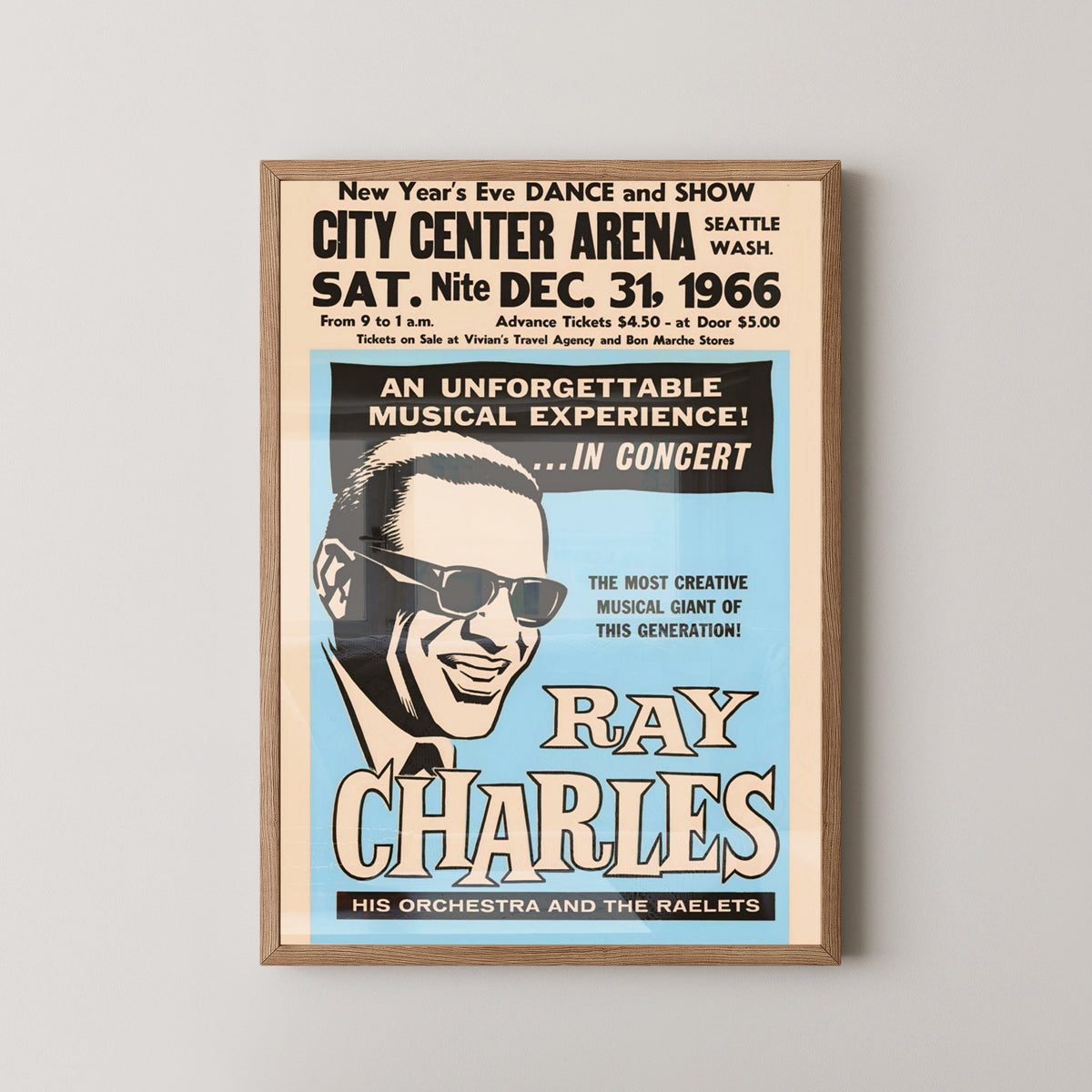 Ray Charles 1966 Concert Poster – Soul and Jazz Art – light wood frame mockup