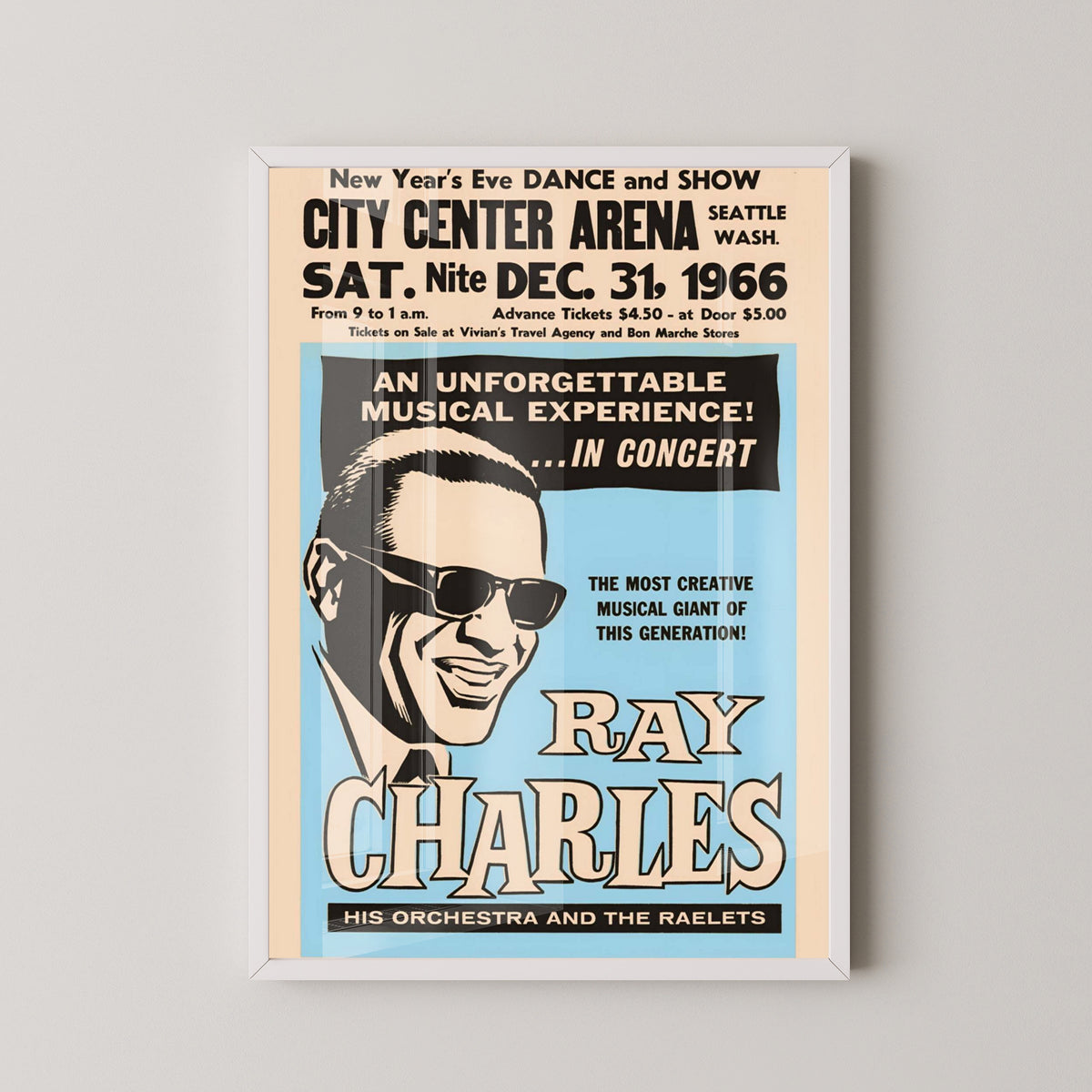 Ray Charles 1966 Concert Poster – Soul and Jazz Art – white frame mockup