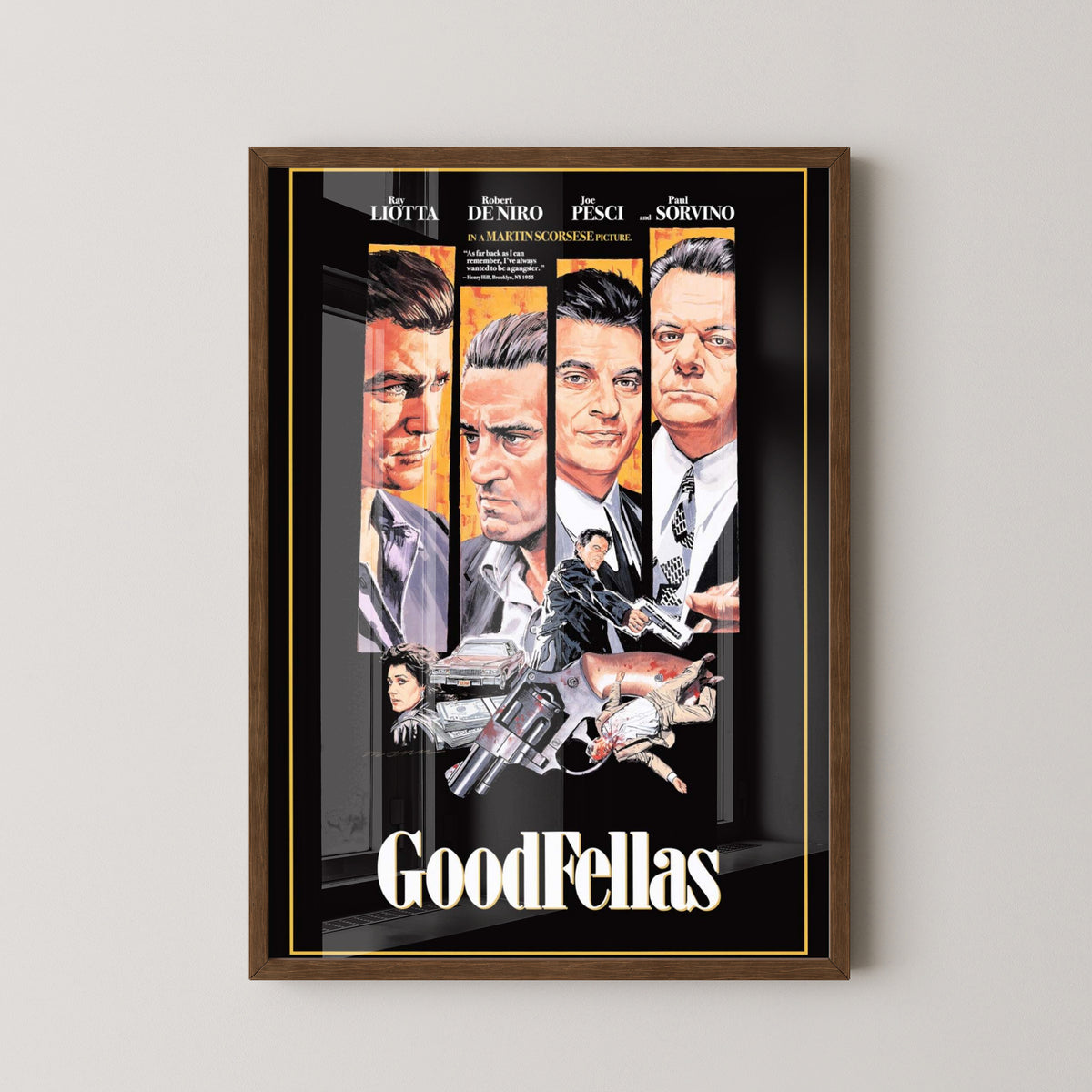 Goodfellas Character Poster – Classic Gangster Film Art – dark wood frame mockup