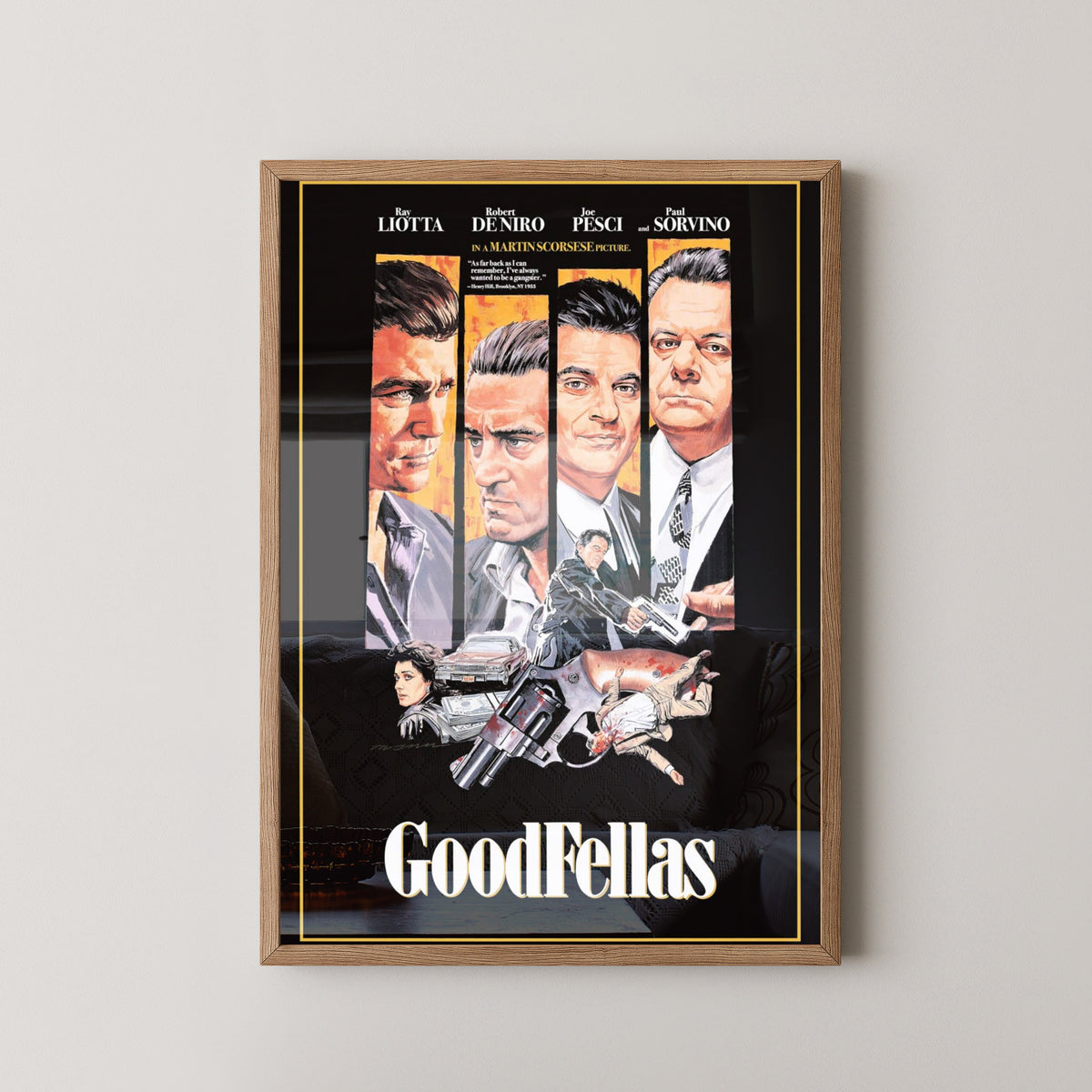 Goodfellas Character Poster – Classic Gangster Film Art – light wood frame mockup