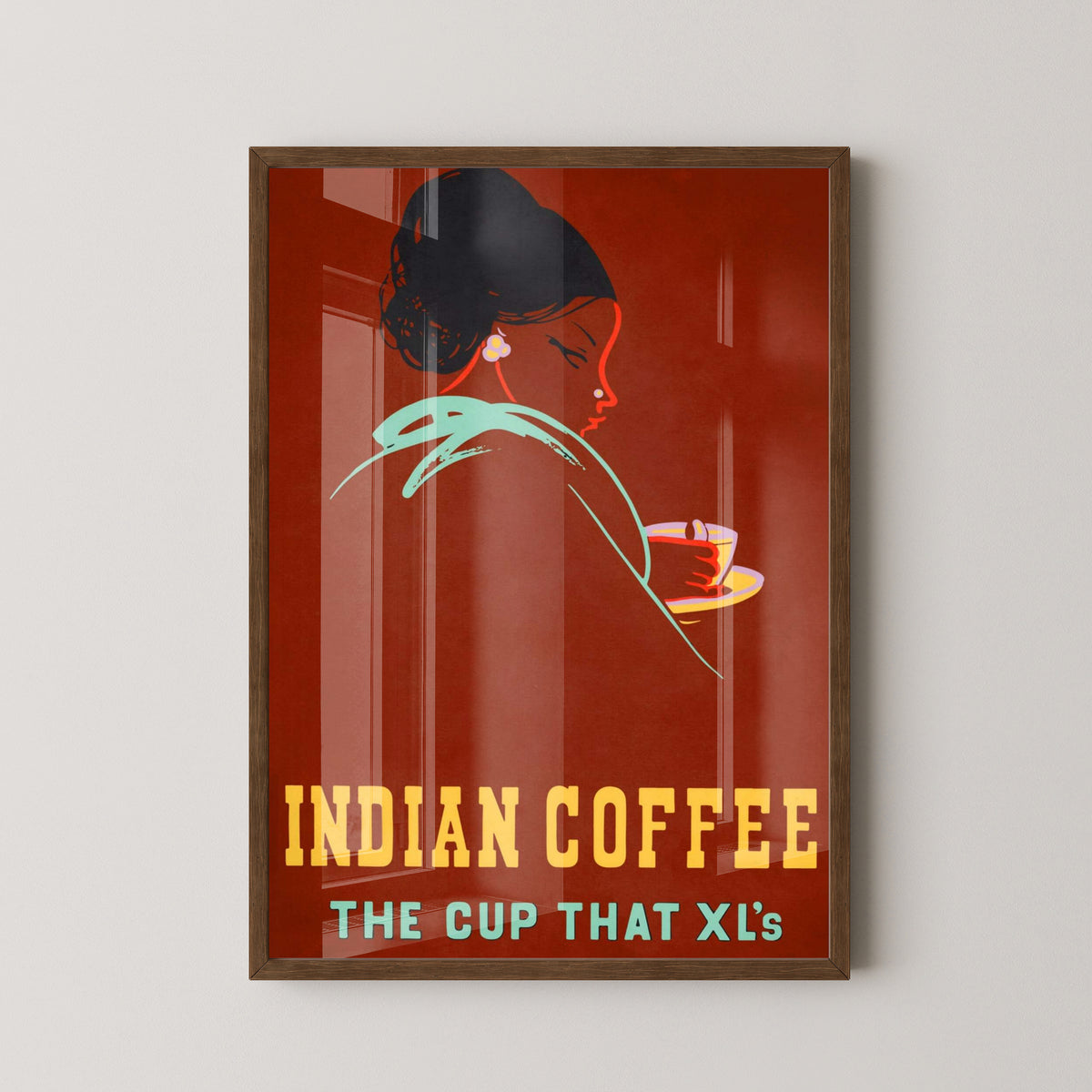 Vintage Indian Coffee Poster – Bangalore Coffee Board Ad – dark wood frame mockup