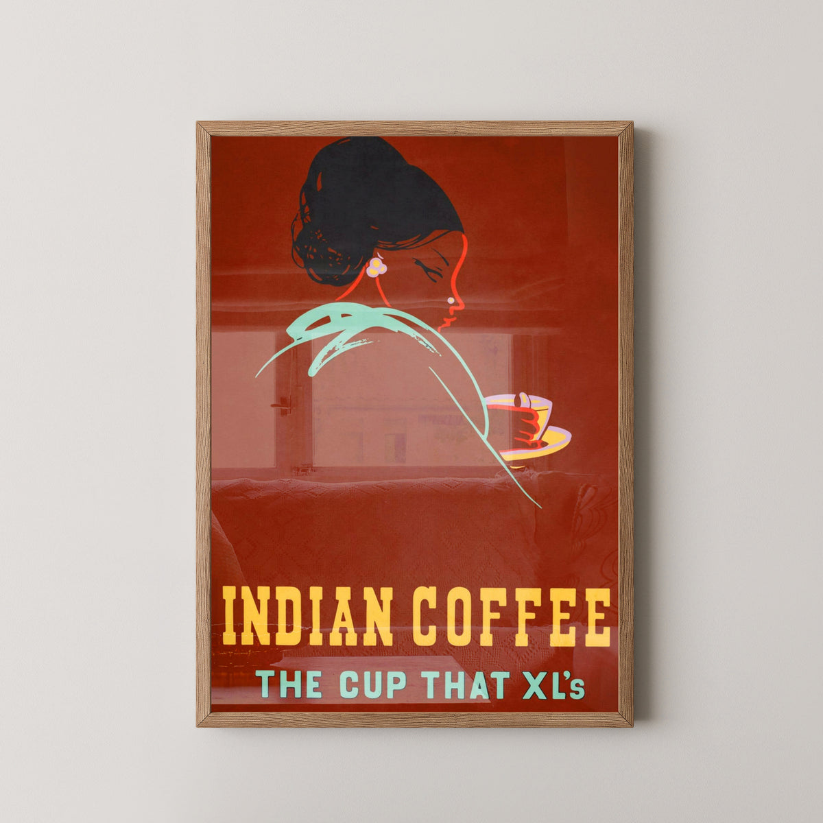 Vintage Indian Coffee Poster – Bangalore Coffee Board Ad – light wood frame mockup