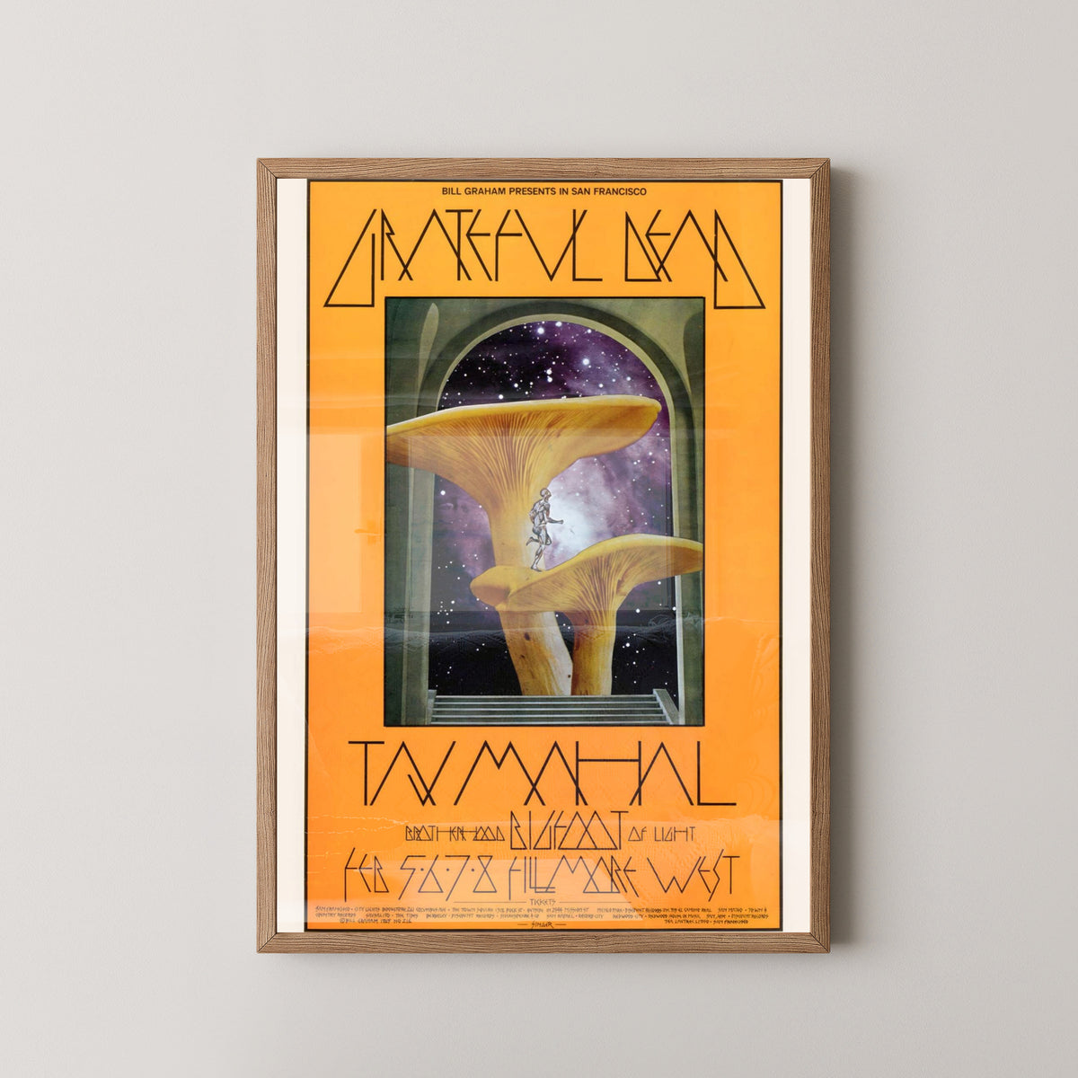 Grateful Dead & Taj Mahal Concert Poster – Vintage Rock Art – light wood frame mockup