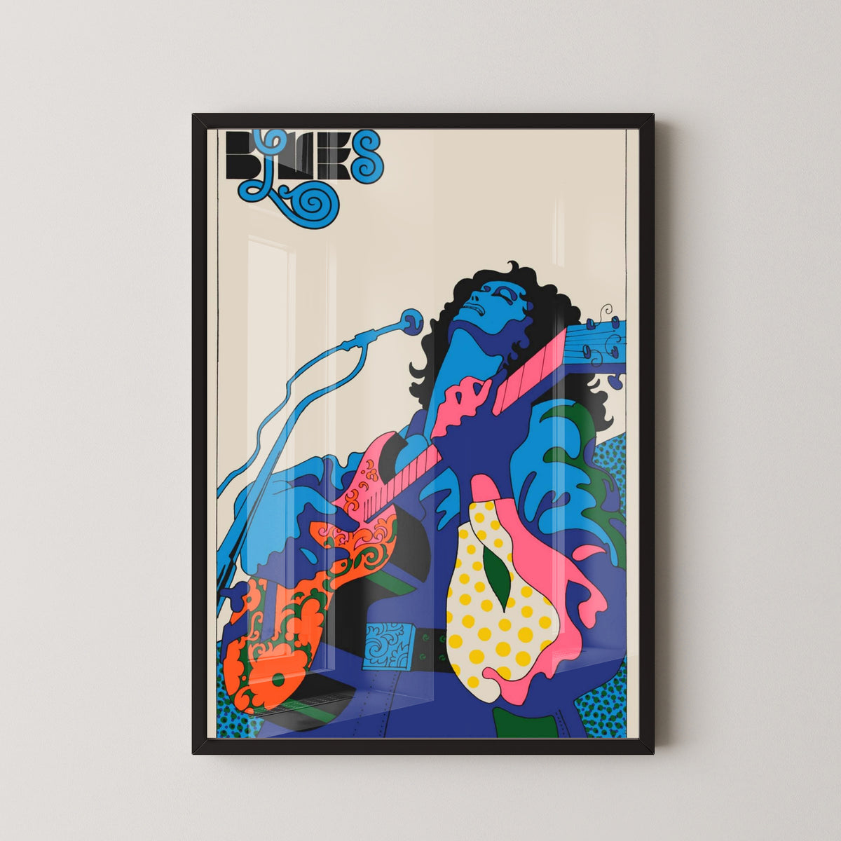 Retro Blues Guitar Poster – Psychedelic Music Art – black frame mockup