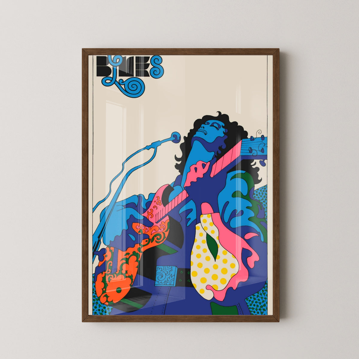 Retro Blues Guitar Poster – Psychedelic Music Art – dark wood frame mockup