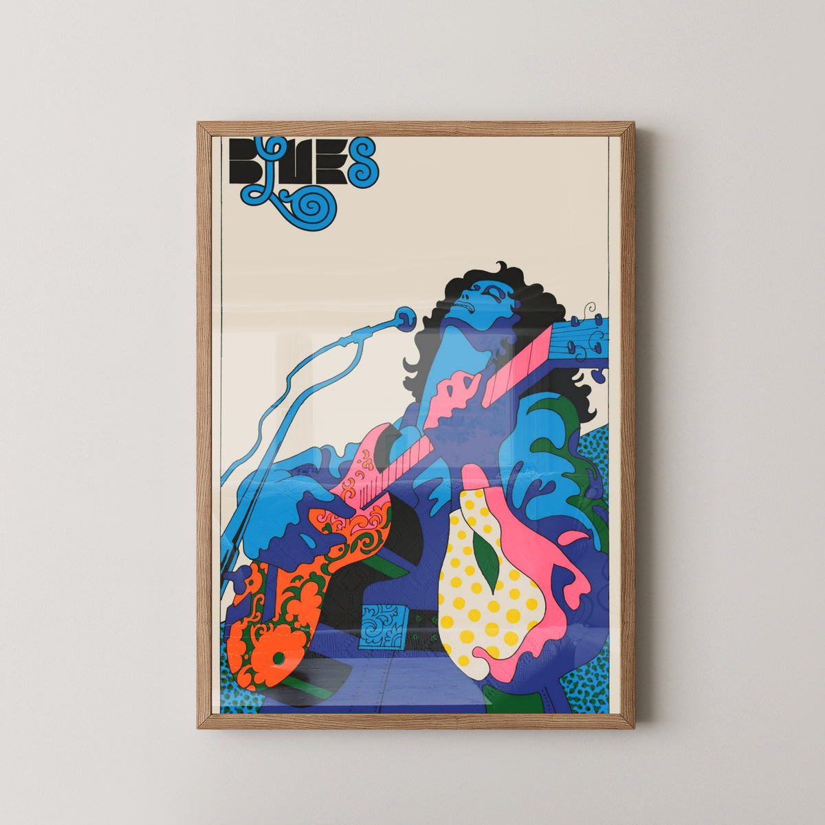 Retro Blues Guitar Poster – Psychedelic Music Art – light wood frame mockup