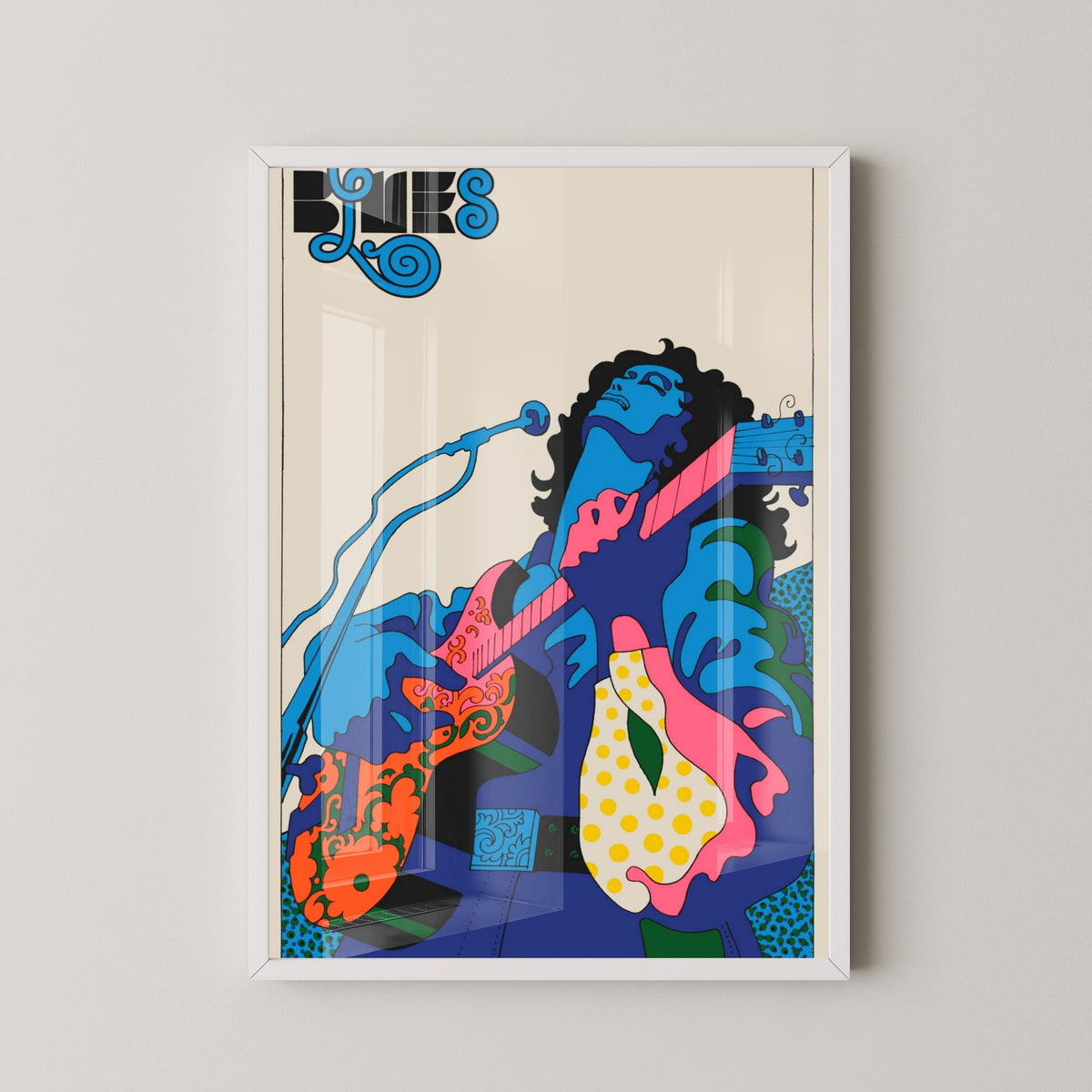 Retro Blues Guitar Poster – Psychedelic Music Art – white frame mockup