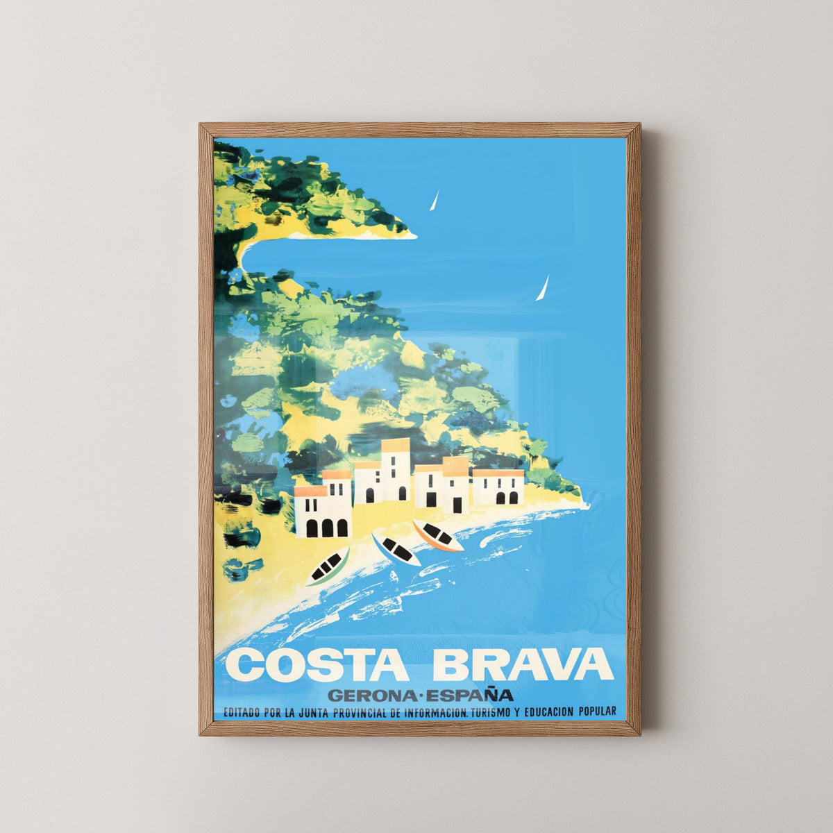 Costa Brava Summer Travel Poster – Girona Coastal Art – light wood frame mockup