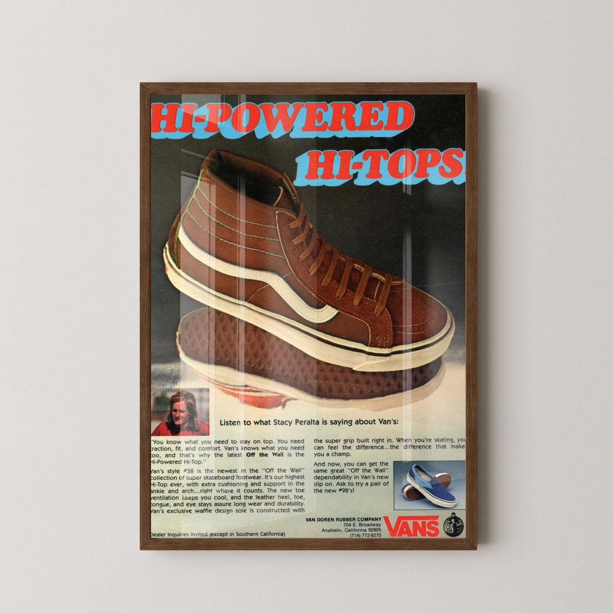 Vans Vintage Advertisement Poster – Skate & Sneaker Art – dark wood frame mockup
