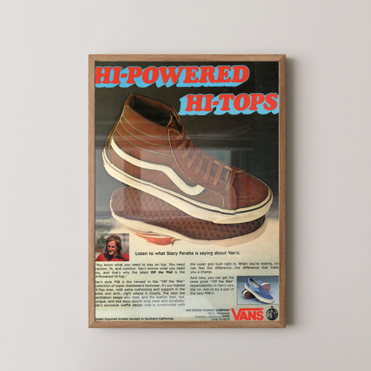 Vans Vintage Advertisement Poster – Skate & Sneaker Art – light wood frame mockup