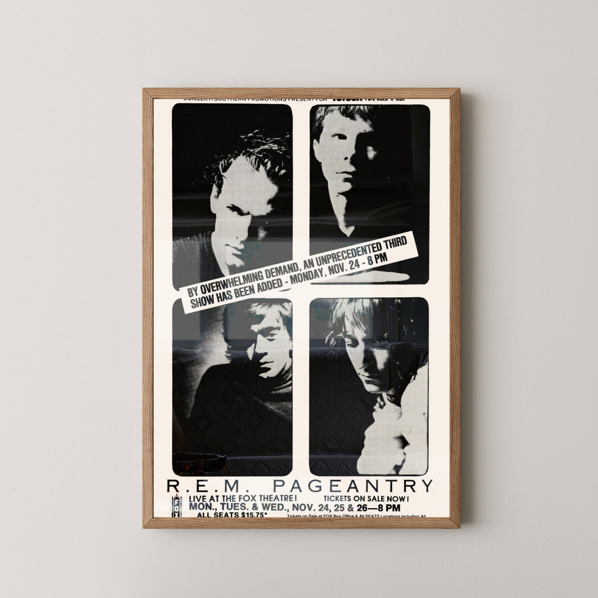 R.E.M. Pageantry Tour 1986 Poster – Alternative Rock Art – light wood frame mockup