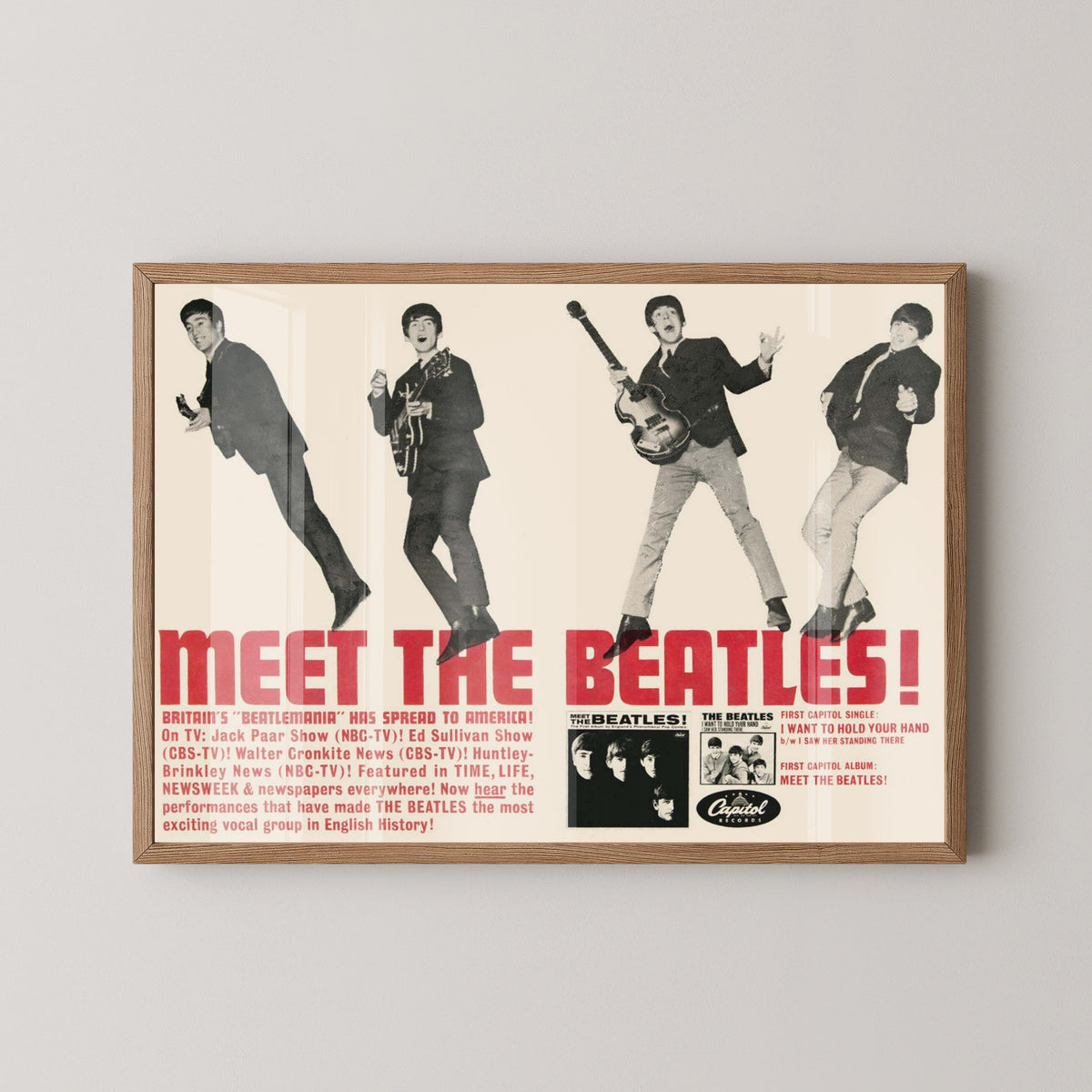 Meet the Beatles Album Poster – Vintage Fab Four Art – light wood frame mockup