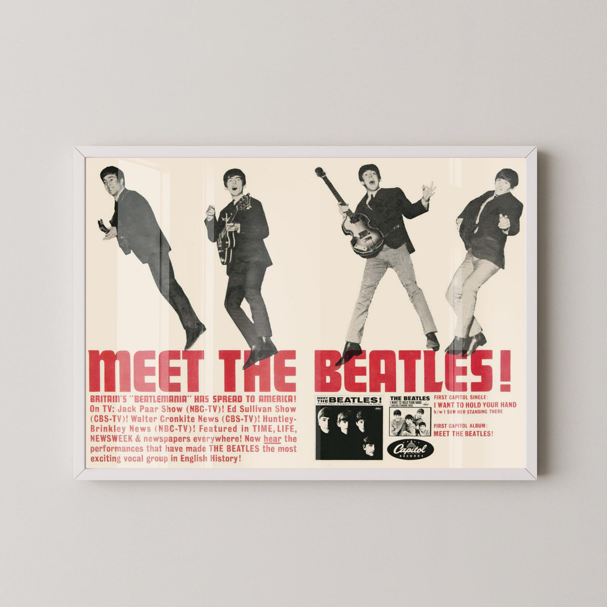 Meet the Beatles Album Poster – Vintage Fab Four Art – white frame mockup