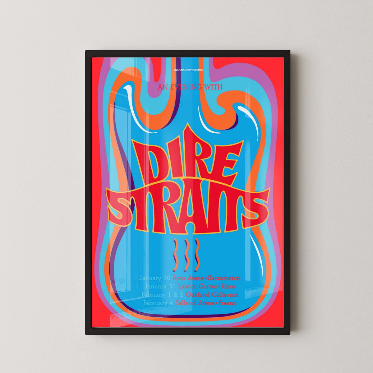 Dire Straits Vintage Poster – Classic Guitar Rock Art – black frame mockup