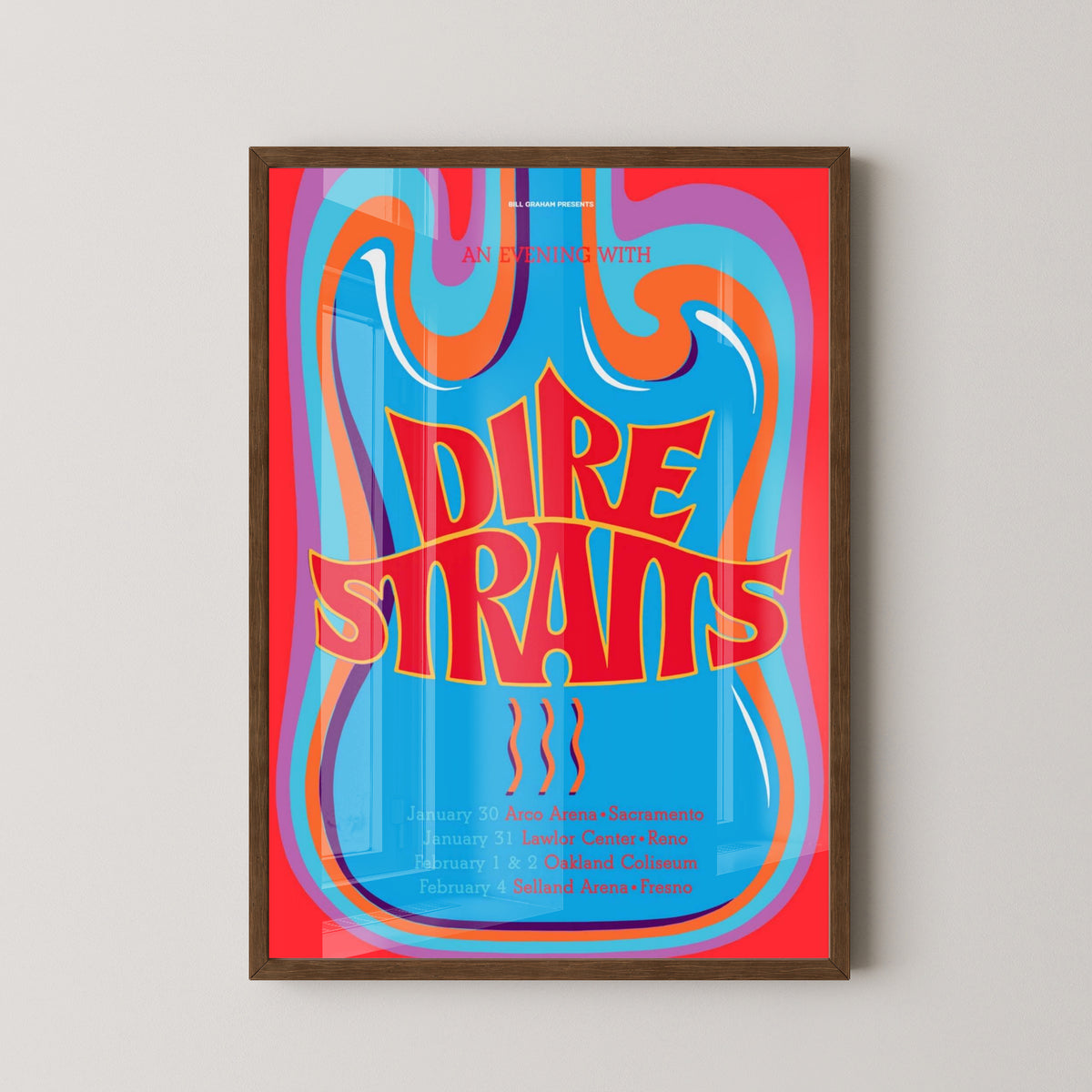 Dire Straits Vintage Poster – Classic Guitar Rock Art – dark wood frame mockup