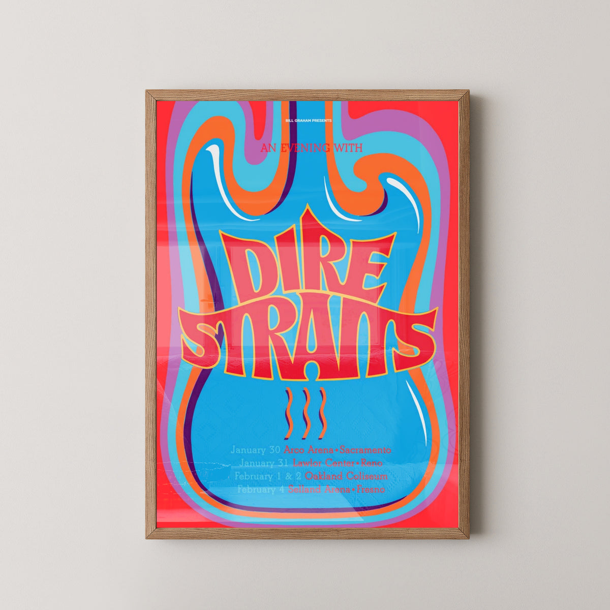 Dire Straits Vintage Poster – Classic Guitar Rock Art – light wood frame mockup