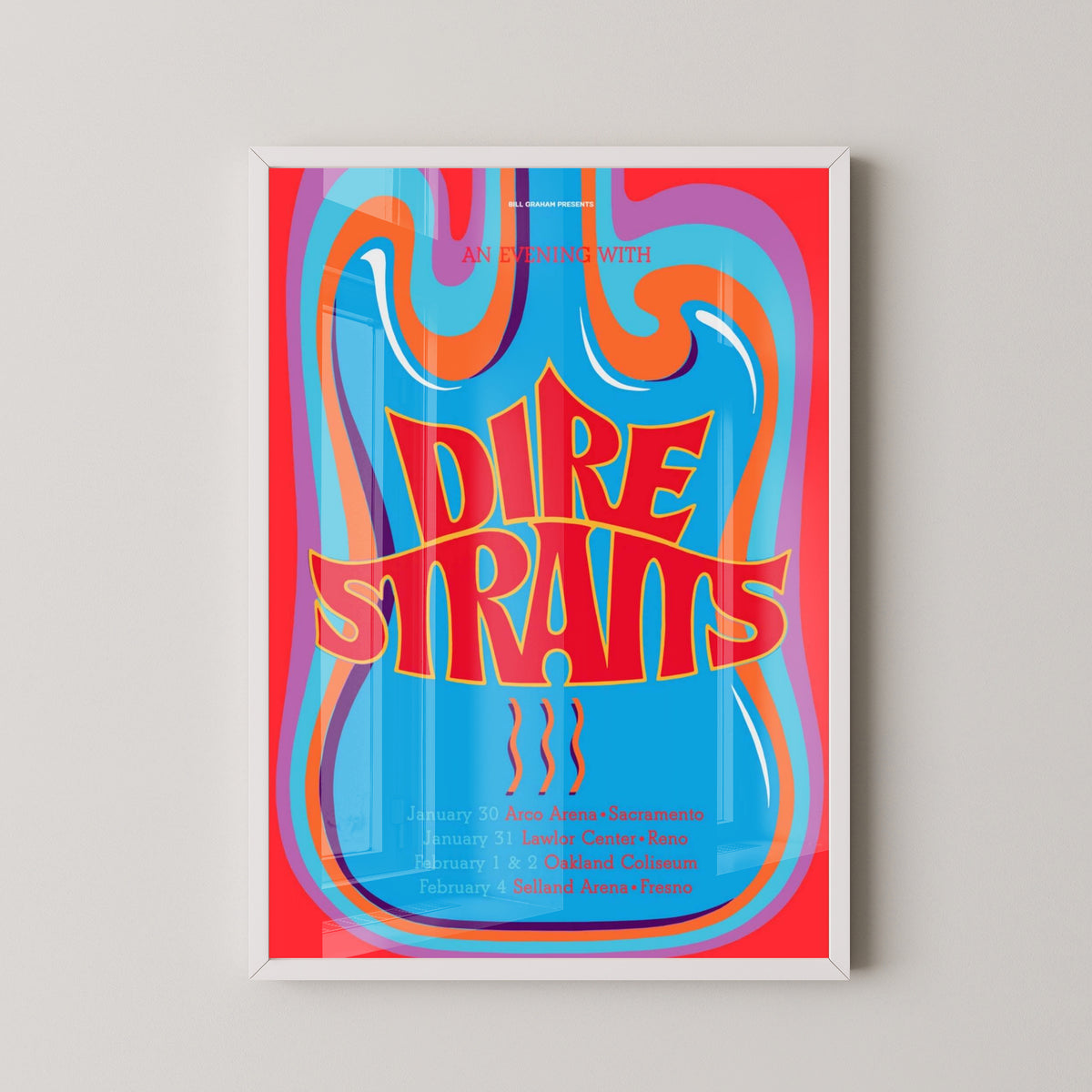 Dire Straits Vintage Poster – Classic Guitar Rock Art – white frame mockup
