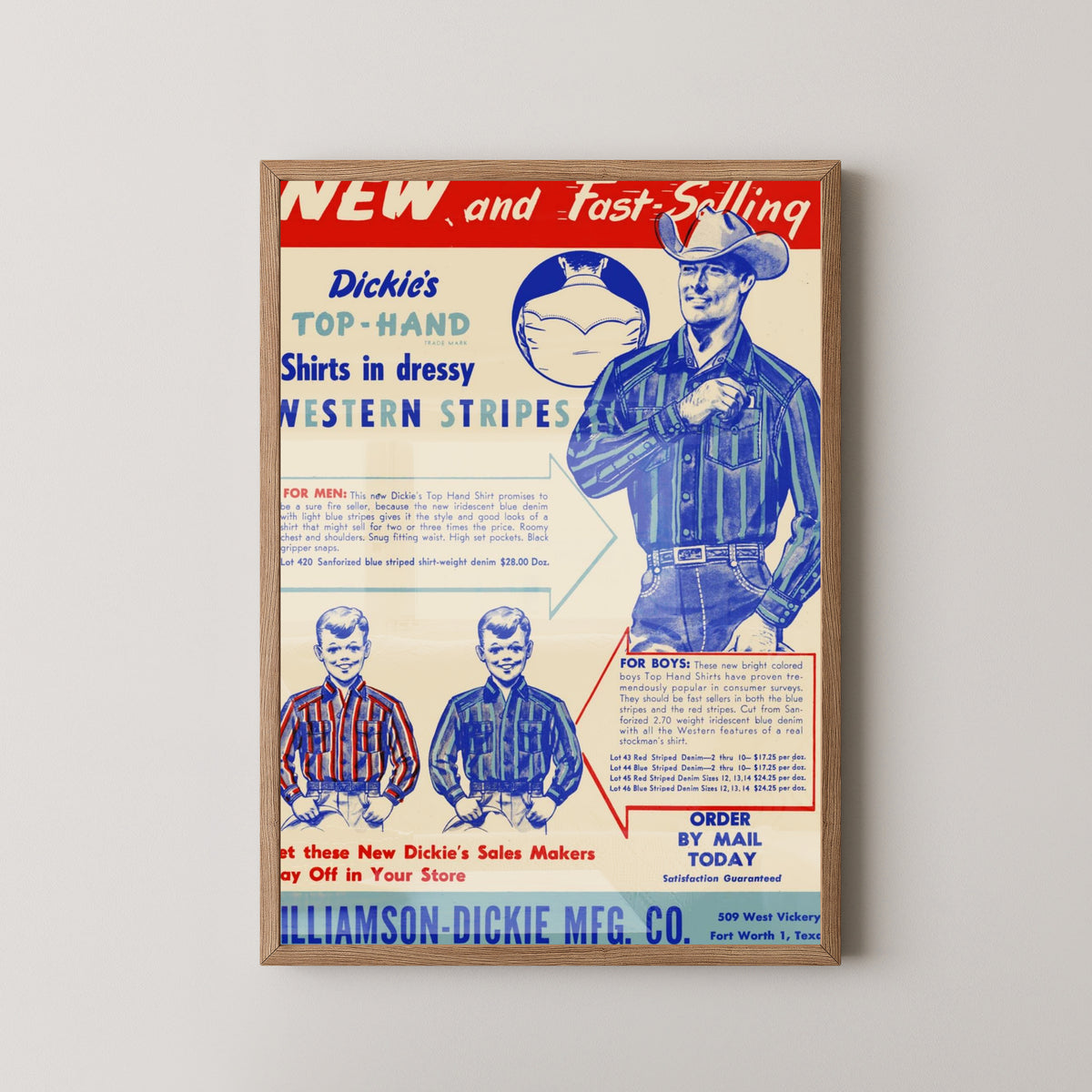 Dickies Vintage Cowboy Poster – American Workwear Art – light wood frame mockup