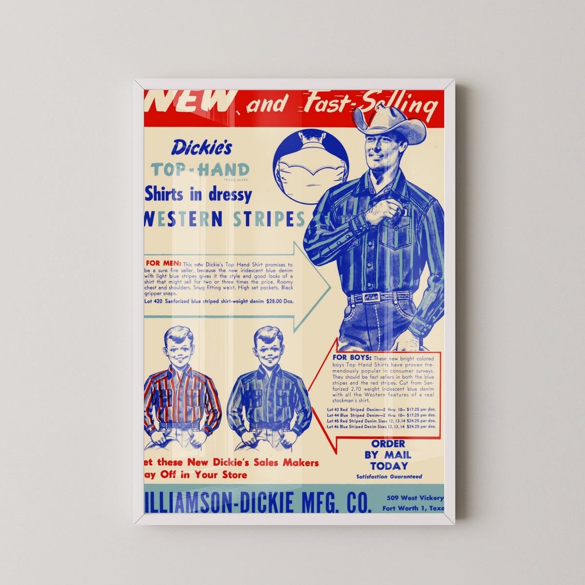 Dickies Vintage Cowboy Poster – American Workwear Art – white frame mockup