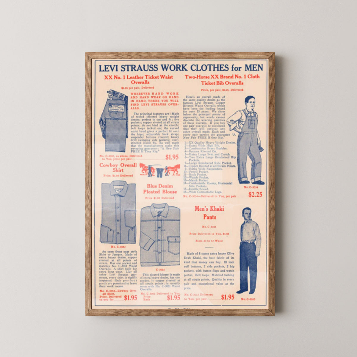 Levi's Vintage Denim Advertisement Poster – light wood frame mockup