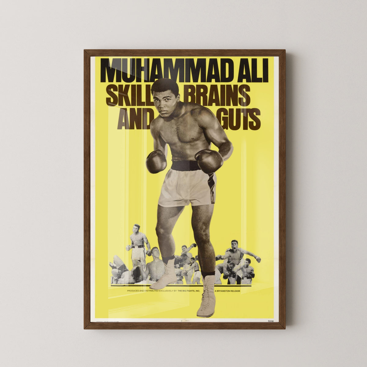 Muhammad Ali Skills, Brains and Guts Poster – dark wood frame mockup