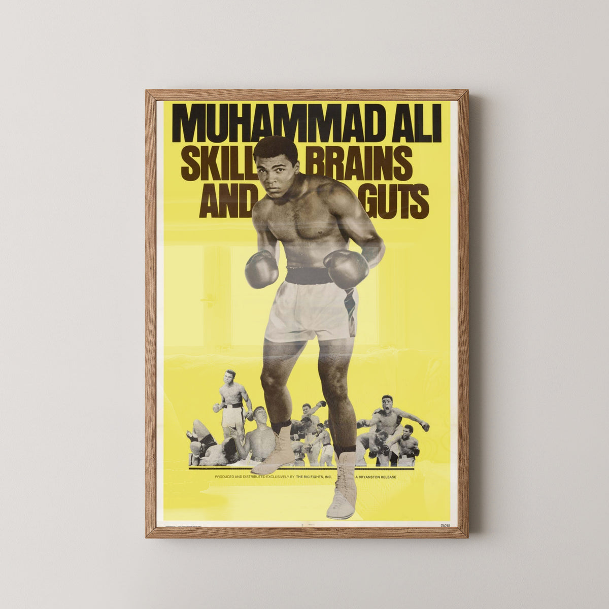 Muhammad Ali Skills, Brains and Guts Poster – light wood frame mockup