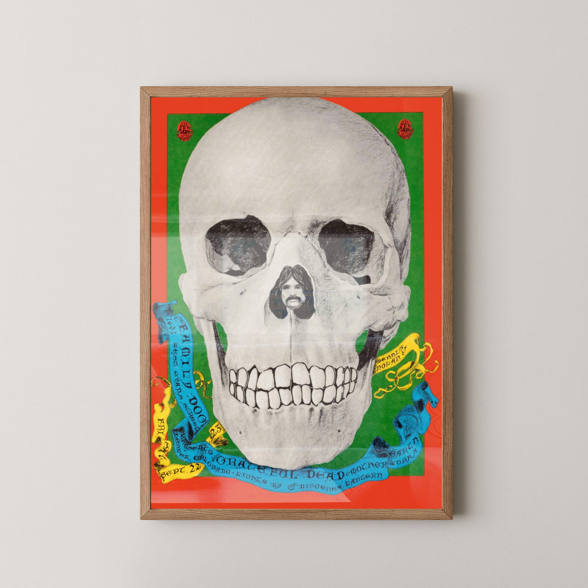Grateful Dead Skull Poster – Steal Your Face Rock Art – light wood frame mockup