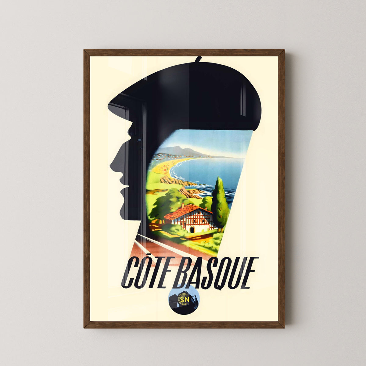 Basque Country Travel Poster – Vintage Northern Spain Art – dark wood frame mockup