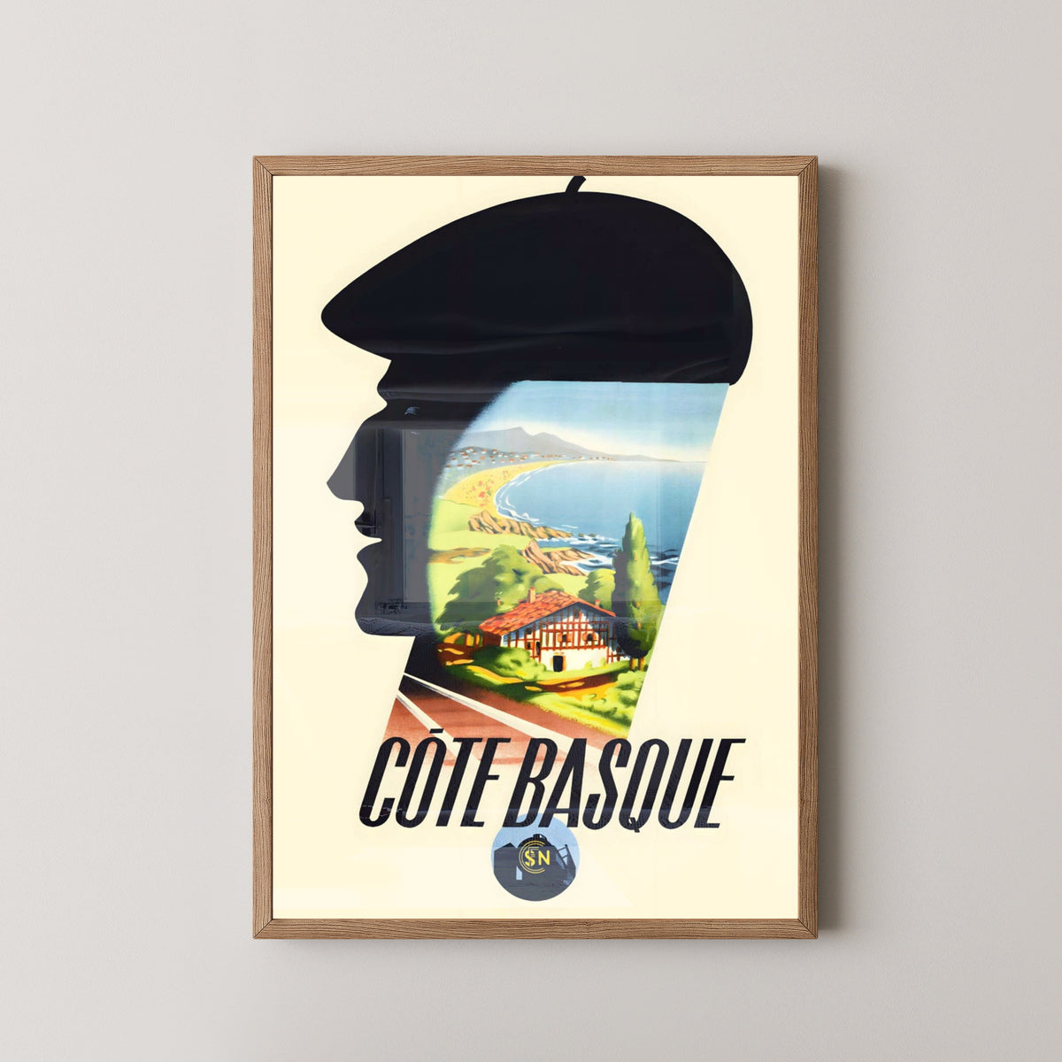 Basque Country Travel Poster – Vintage Northern Spain Art – light wood frame mockup