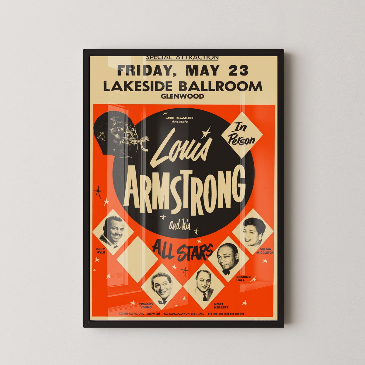 Louis Armstrong Portrait Poster – Vintage Jazz Art – black frame mockup