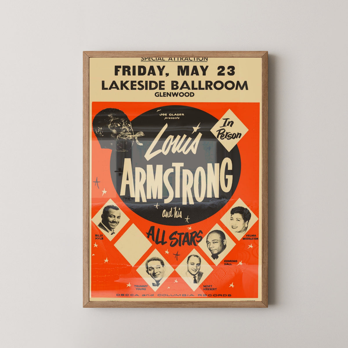 Louis Armstrong Portrait Poster – Vintage Jazz Art – light wood frame mockup