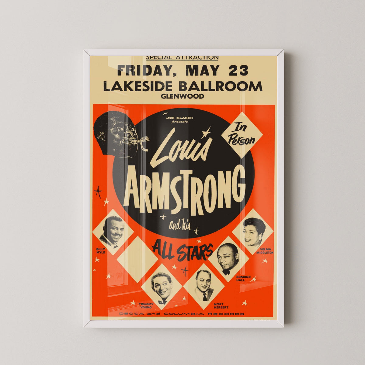 Louis Armstrong Portrait Poster – Vintage Jazz Art – white frame mockup