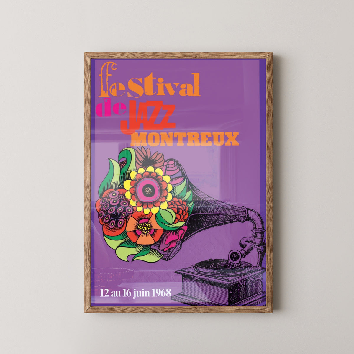 Montreux Jazz Festival 1968 Poster – Swiss Music Art – light wood frame mockup