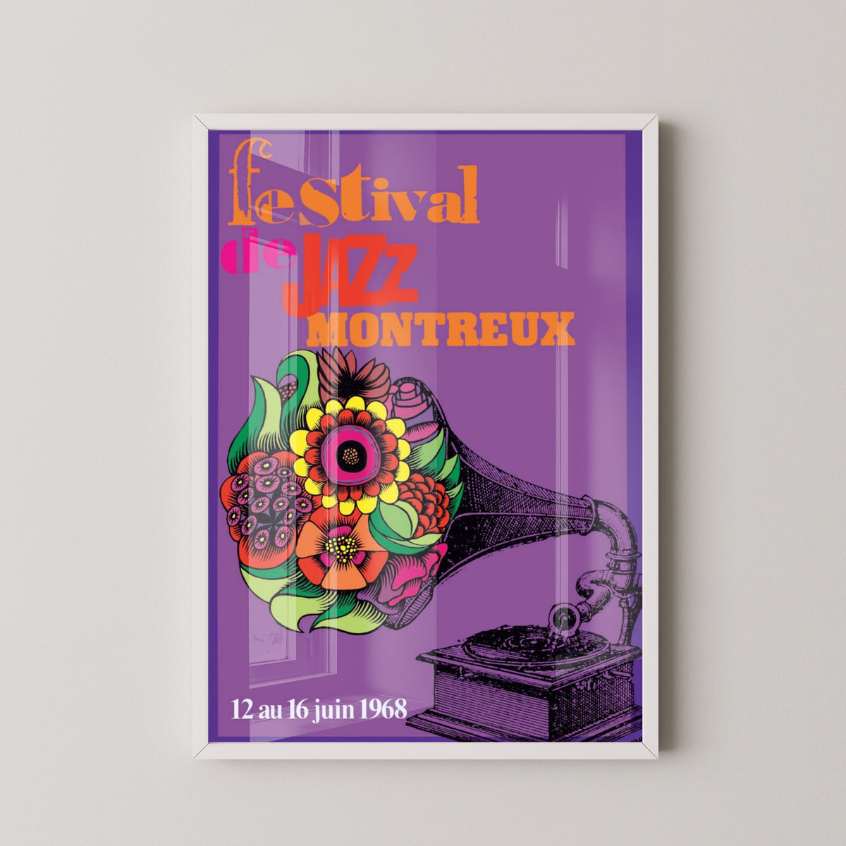 Montreux Jazz Festival 1968 Poster – Swiss Music Art – white frame mockup